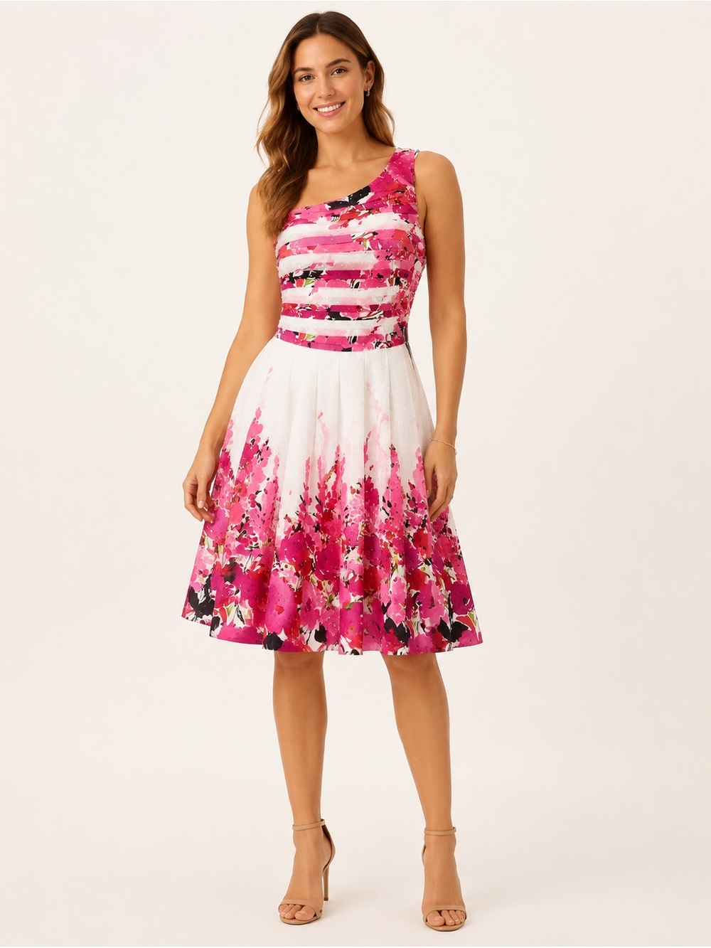 JS Collections Pink Floral One Shoulder Fit & Flare Cocktail Dress Size 12
